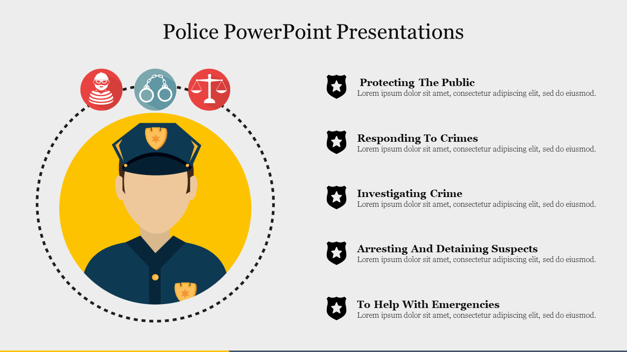 Illustration of a police officer with icons highlighting tasks with placeholder text.