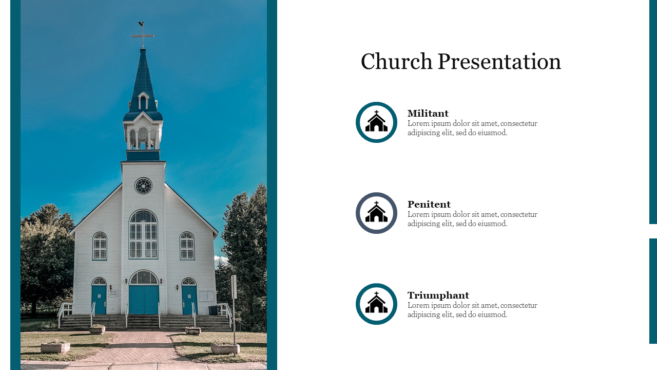 Church presentation slide with a photo of a white church with a blue roof and three icons sections on the left.