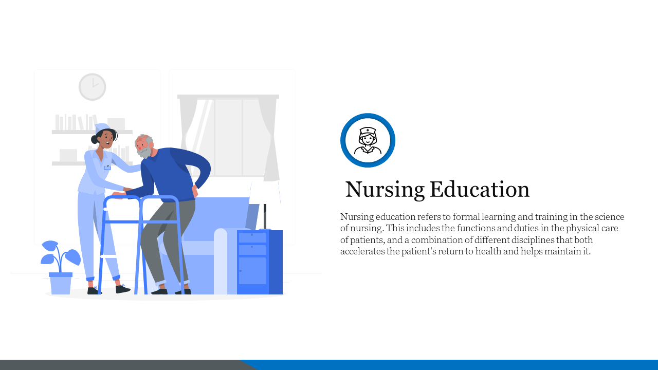 Illustration of a nurse helping an elderly man with a walker, and a circular icon beside text, with blue accents.