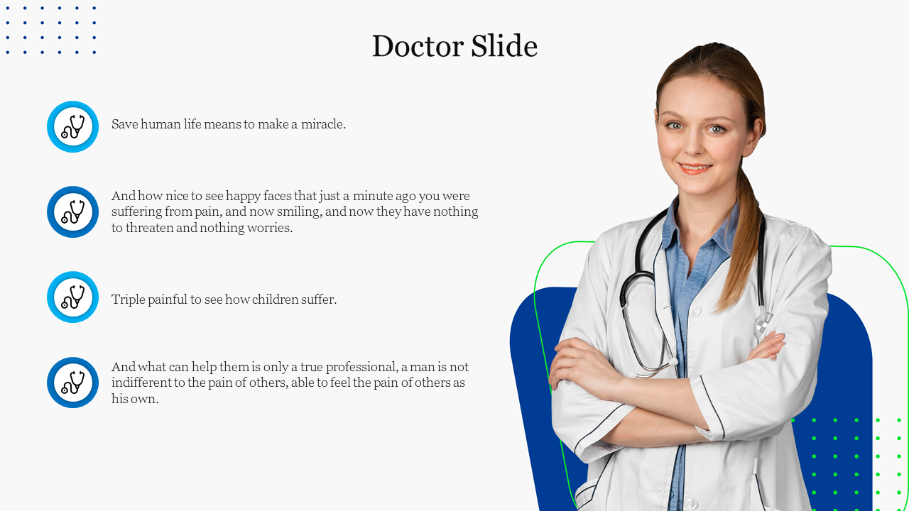 Smiling female doctor on the right, with blue bullet icons and text describing medical values, on a white background.