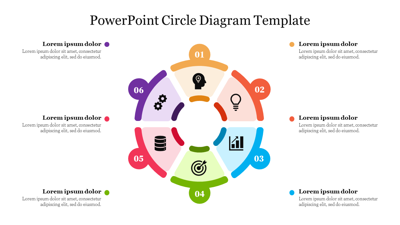 Colorful circular diagram template with six segments, each containing icons with text area on a white background.