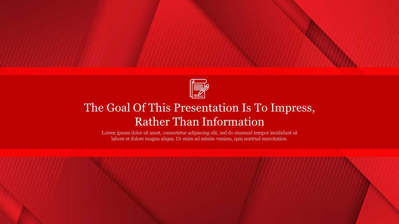 Bold red slide with layered geometric patterns and a central quote about presentation goals with placeholder text.