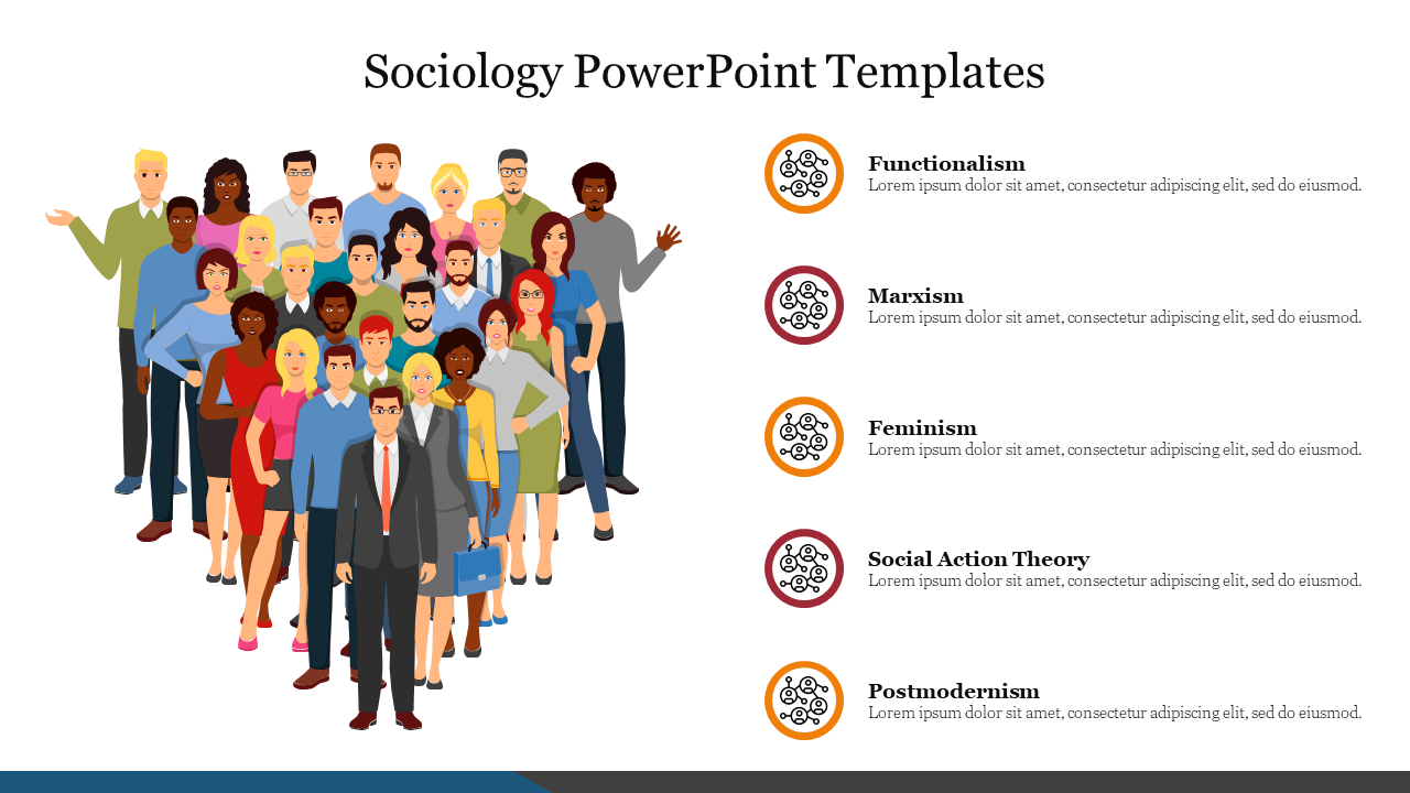 A title slide featuring a crowd of professional people and topics outlining key sociological theories with placeholder text.