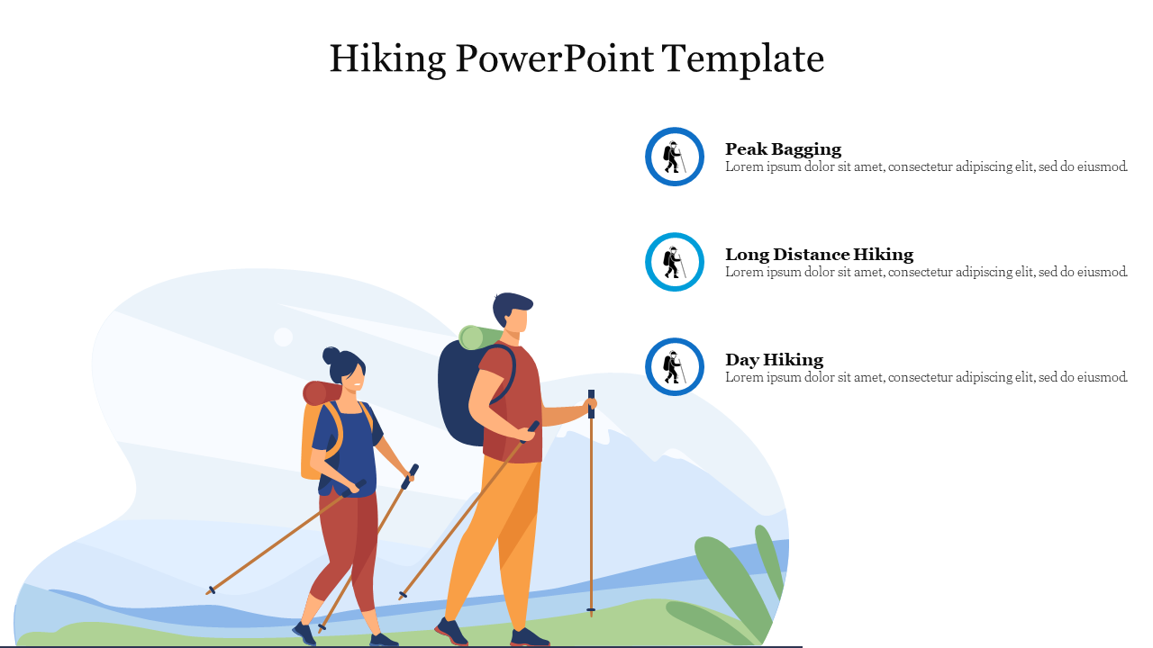 Illustration of two hikers with backpacks and trekking poles, walking on a trail with three circular icons and text.