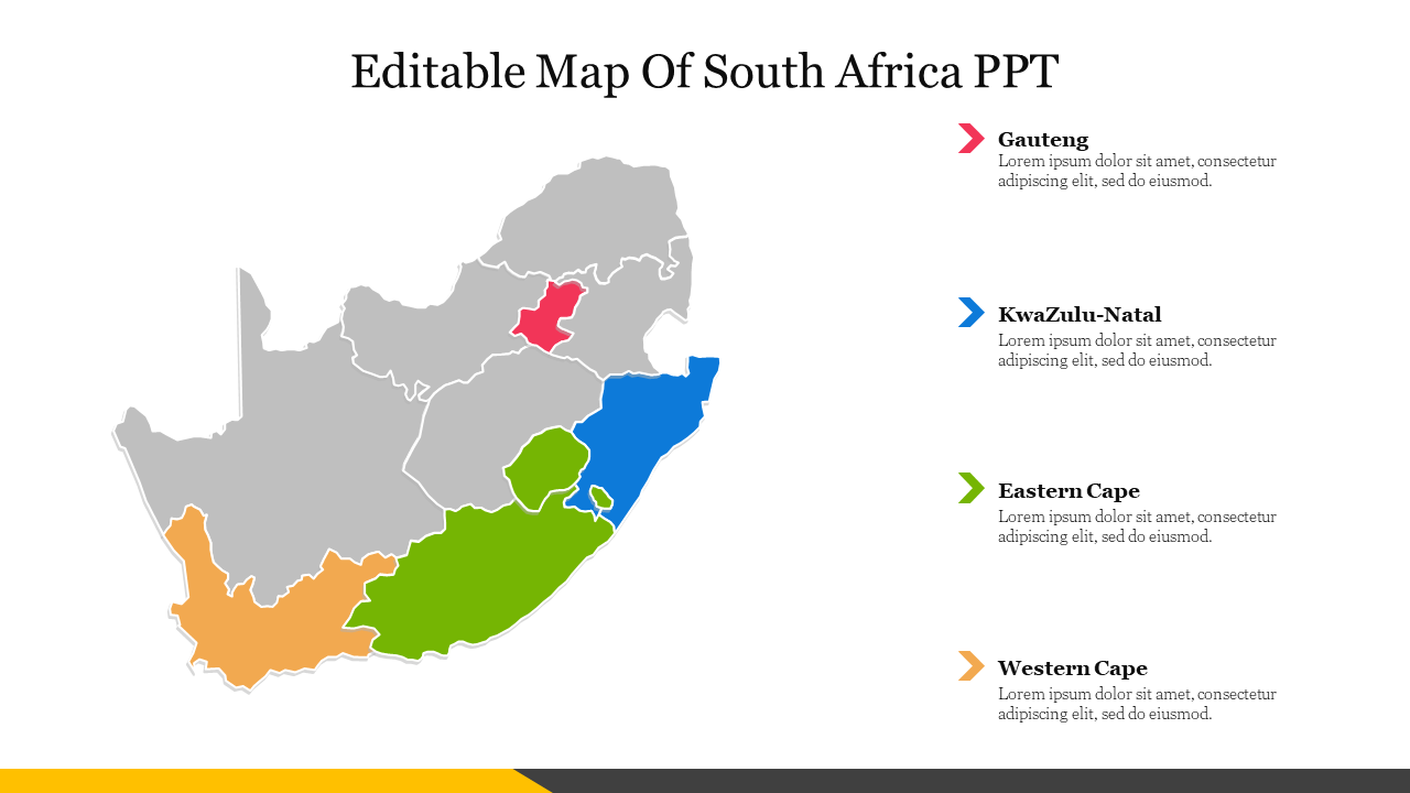 Slide featuring a map of South Africa with four highlighted provinces in different colors with text area.