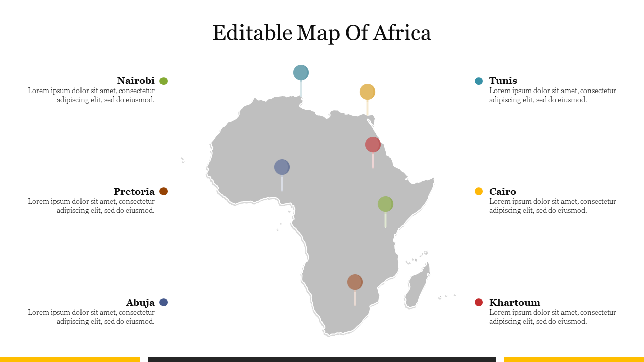 Grey African map with six colored location markers and city names displayed in a layout with text on both sides.