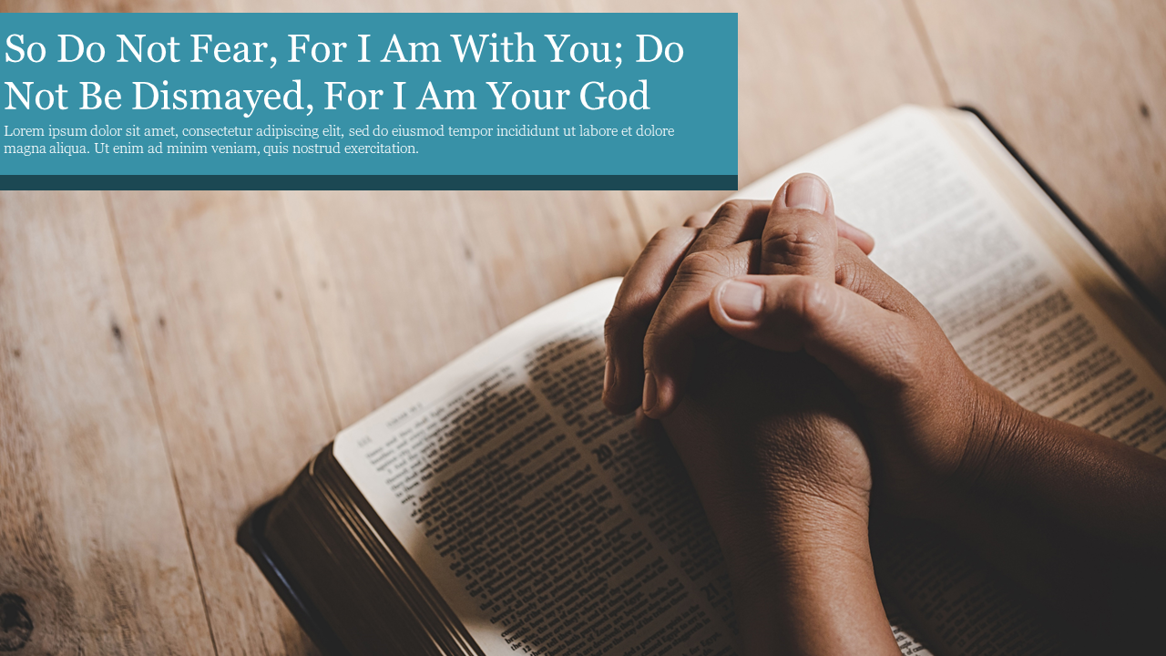 Hands clasped in prayer over an open Bible, on a wooden background with a blue text box in the top left.