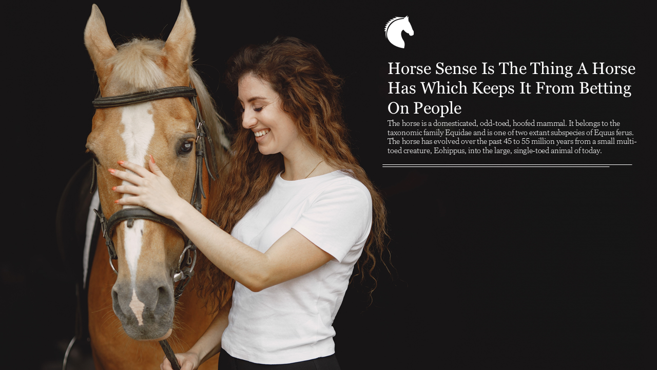 Woman smiling while petting a horse and white text placeholder on the right, set against a dark background.