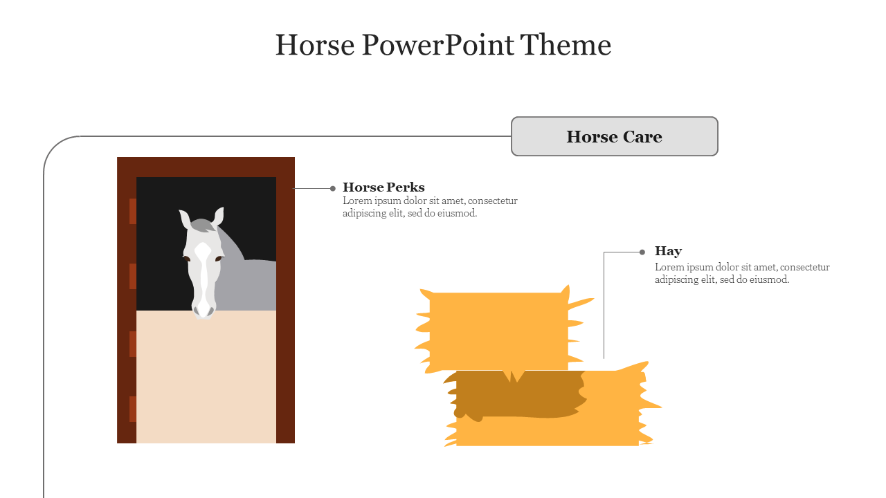 Horse care theme showing a horse in a stall with hay bales, with labeled sections for care elements.