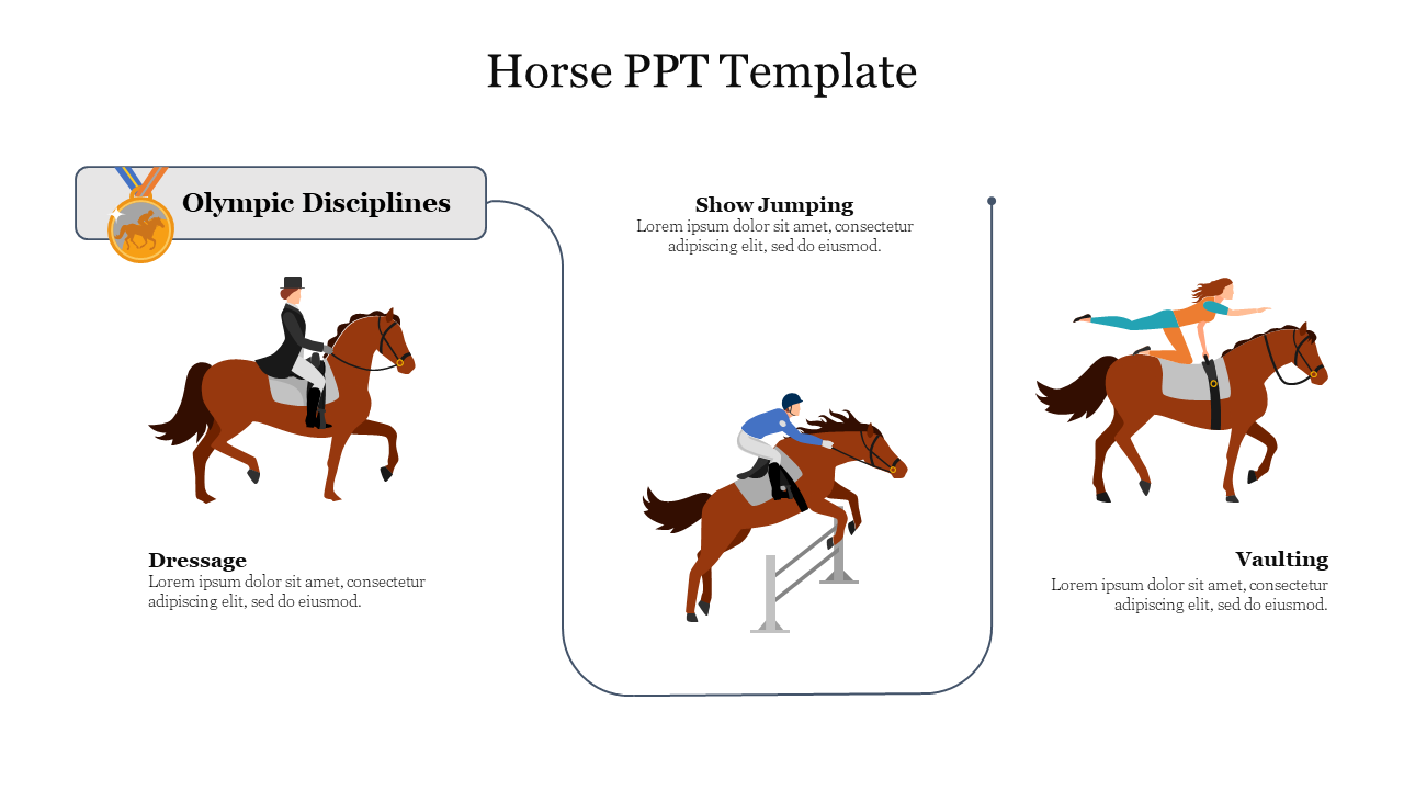 Slide with three illustrations showing different horse-riding disciplines, each with corresponding captions.