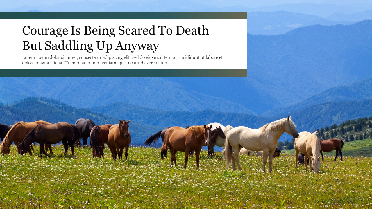 Horses grazing on a grassy field with mountains in the background and an inspirational quote.