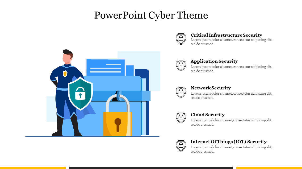 Illustration of a superhero in blue near a yellow lock and files, paired with a five item list with security icons.