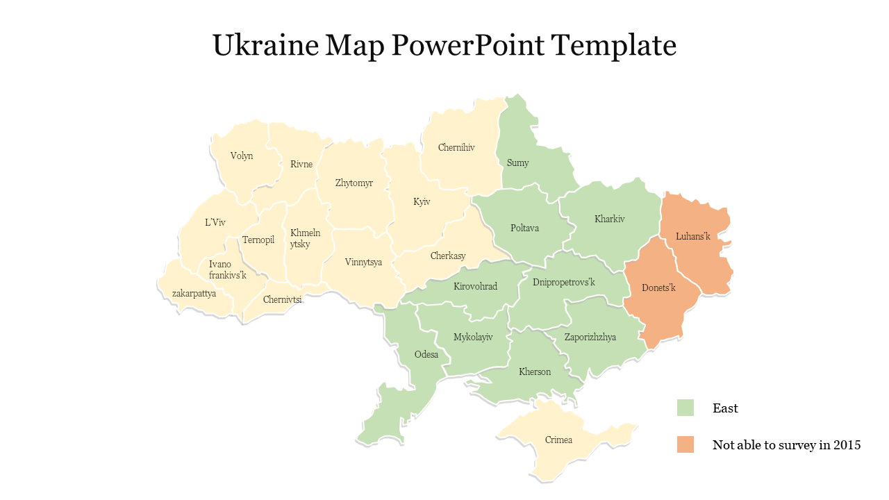 Map of Ukraine highlighting the eastern regions in green and areas not surveyed in 2015 marked in orange.