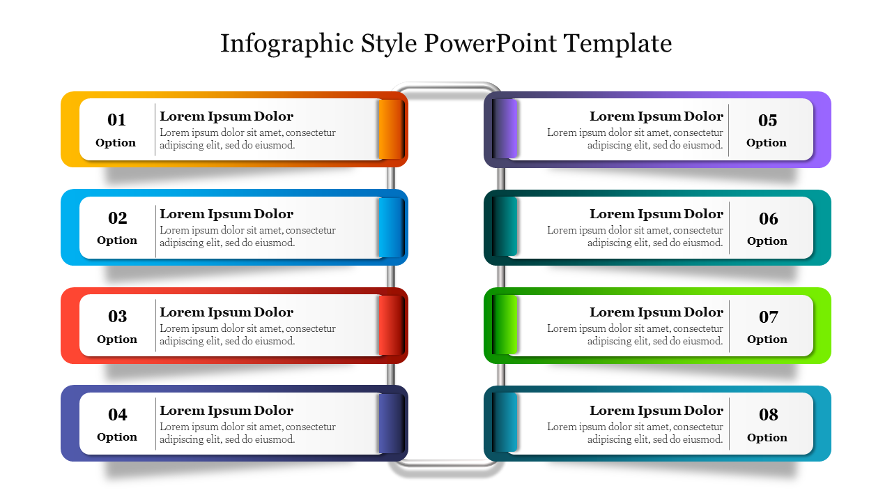 Colorful infographic PowerPoint slide with eight labeled options displayed in a horizontal format for organized information.