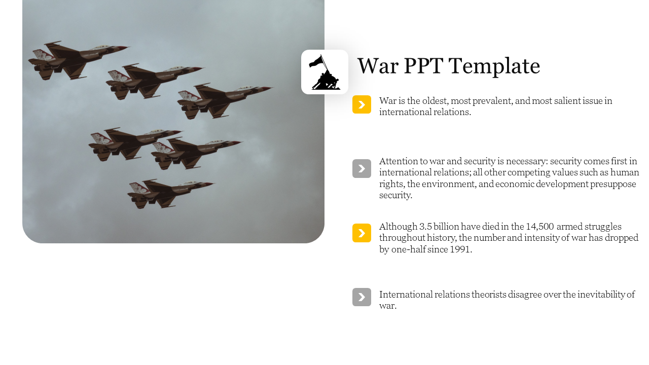 War template with an image of fighter jets and points about war’s relevance in international relations.