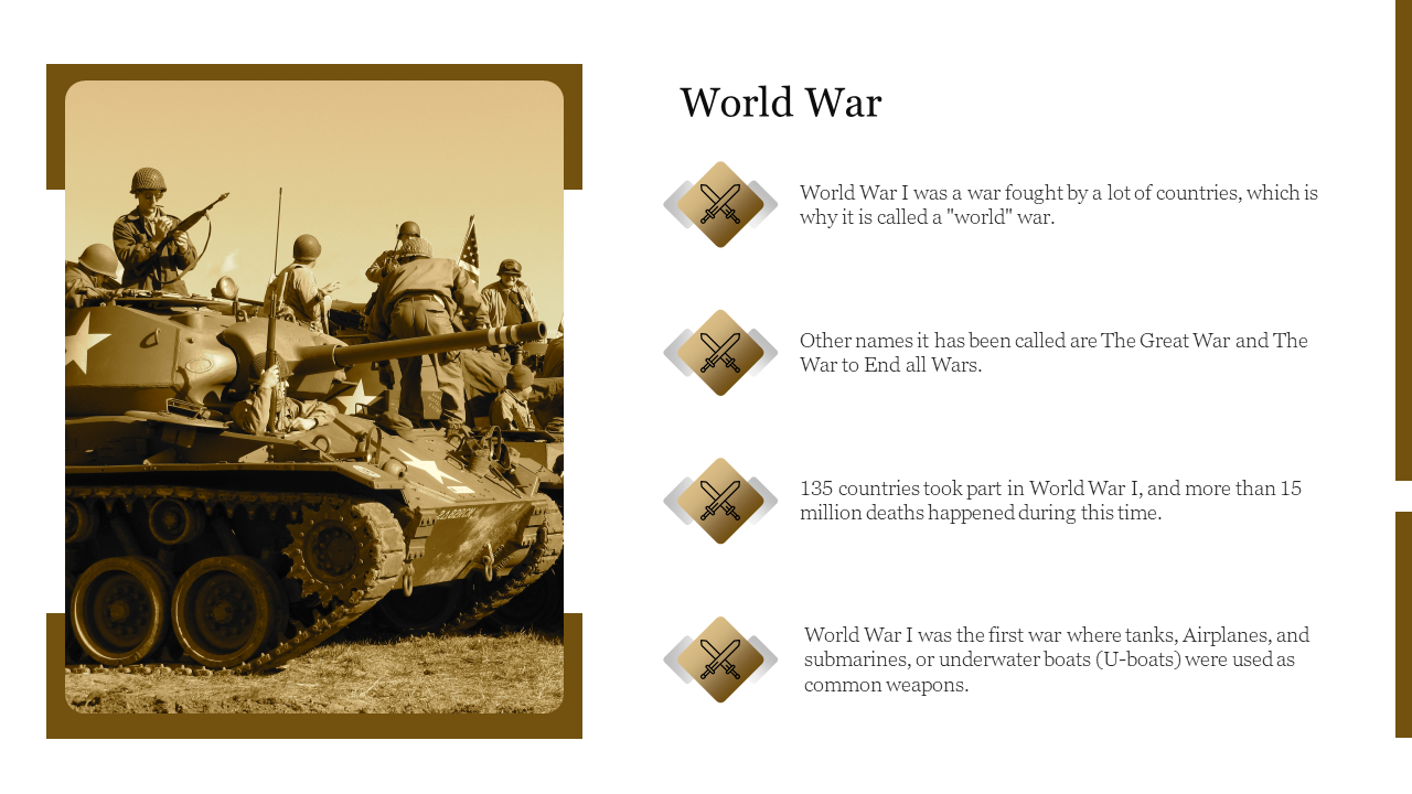 World War I-themed slide with a vintage photo of soldiers on a tank and text about the war's significance.