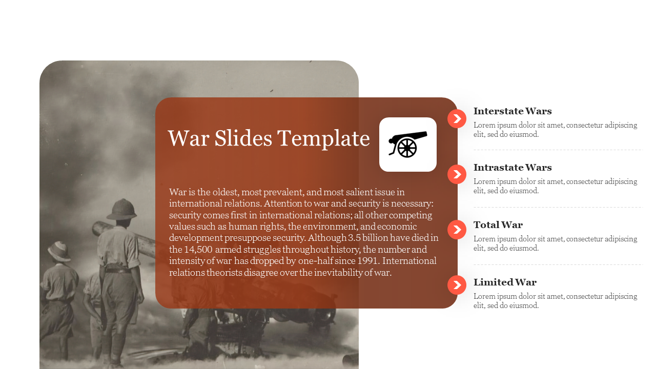 Historical war slide with descriptive content and a list of war types in a structured layout on the right.