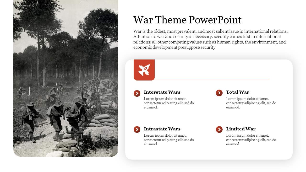 War Theme slide with headings for Interstate, Intrastate, Total, and Limited Wars with placeholder text and icons.