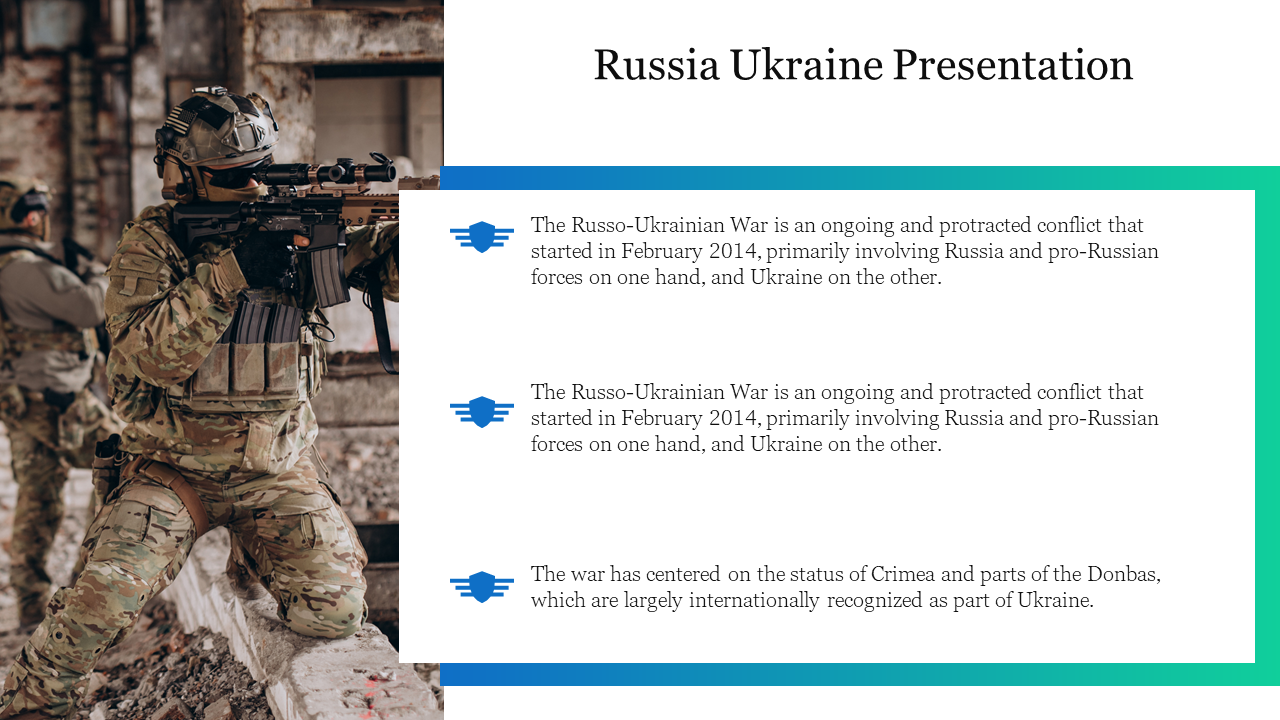 Image of armed soldiers on the left, with three text sections on the right discussing aspects of the Russia-Ukraine war.