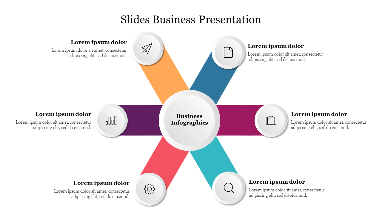 Business layout with a central circle and surrounding colorful sections in blue, pink, teal, orange, purple, and yellow.