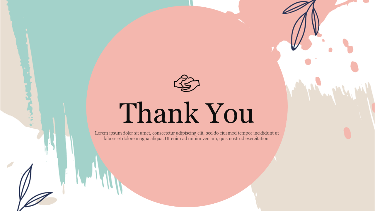 Thank you message on pastel-themed background with handshake icon and title on large pink circle and abstract brush strokes.