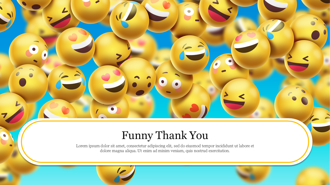 Cheerful thank you slide with a background of multiple expressive emojis and a title text area on a white curved box.