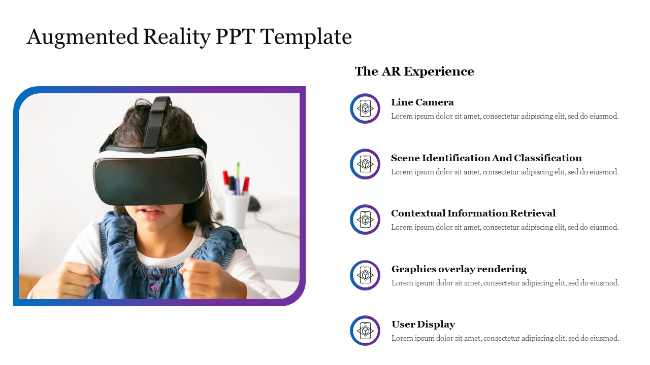 Young girl using virtual reality headset and features list on the right with purple icons.