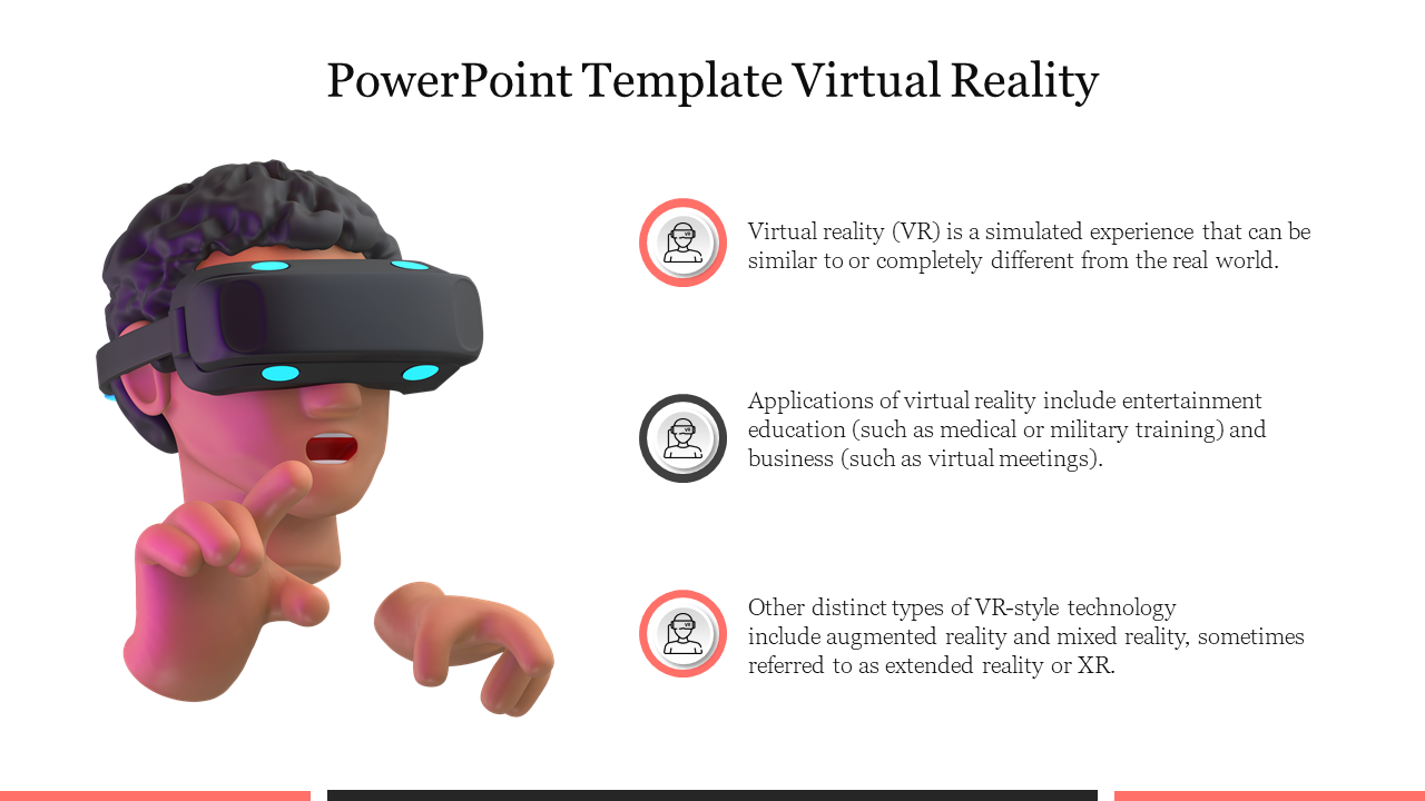 3D illustration of a person wearing a VR headset, with three text sections discussing virtual reality technology.