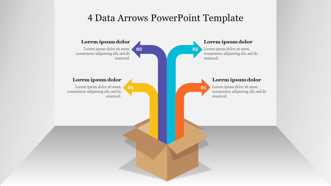 A template with four data arrows in varying colors emerging from a box, each linked to a text section for descriptions.