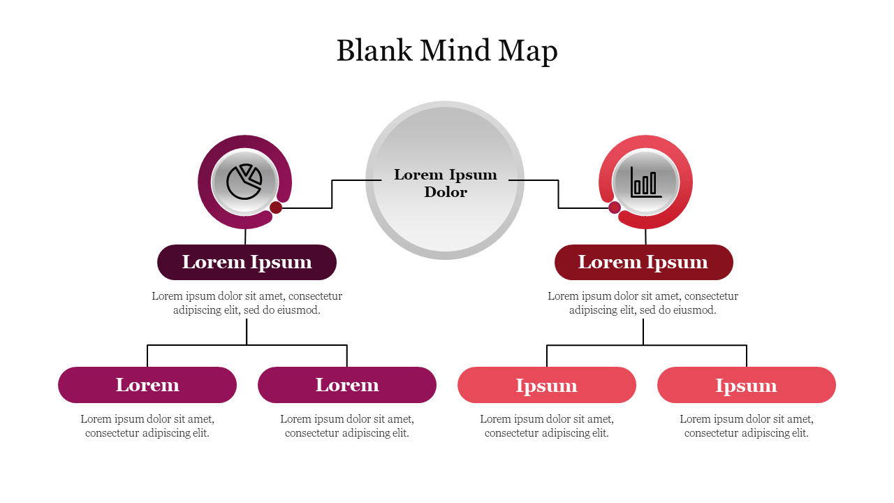 Mind map diagram with six nodes, a central gray circle connecting to red and purple sections with icons.