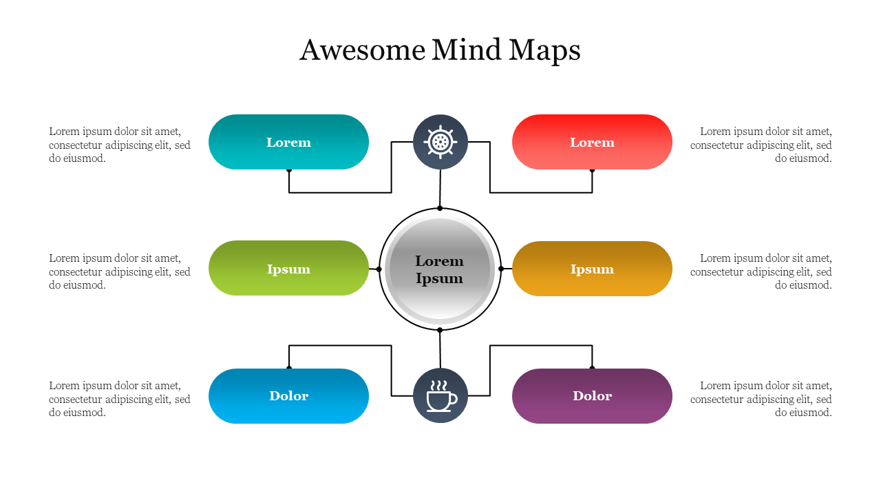 Mind map infographic with a metallic center node linked to six surrounding color-coded nodes, each paired with caption areas.