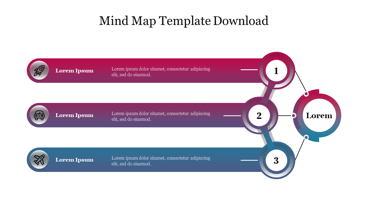 Mind map template with three horizontal sections in red, purple, and blue, with icons and numbered circles on the right.