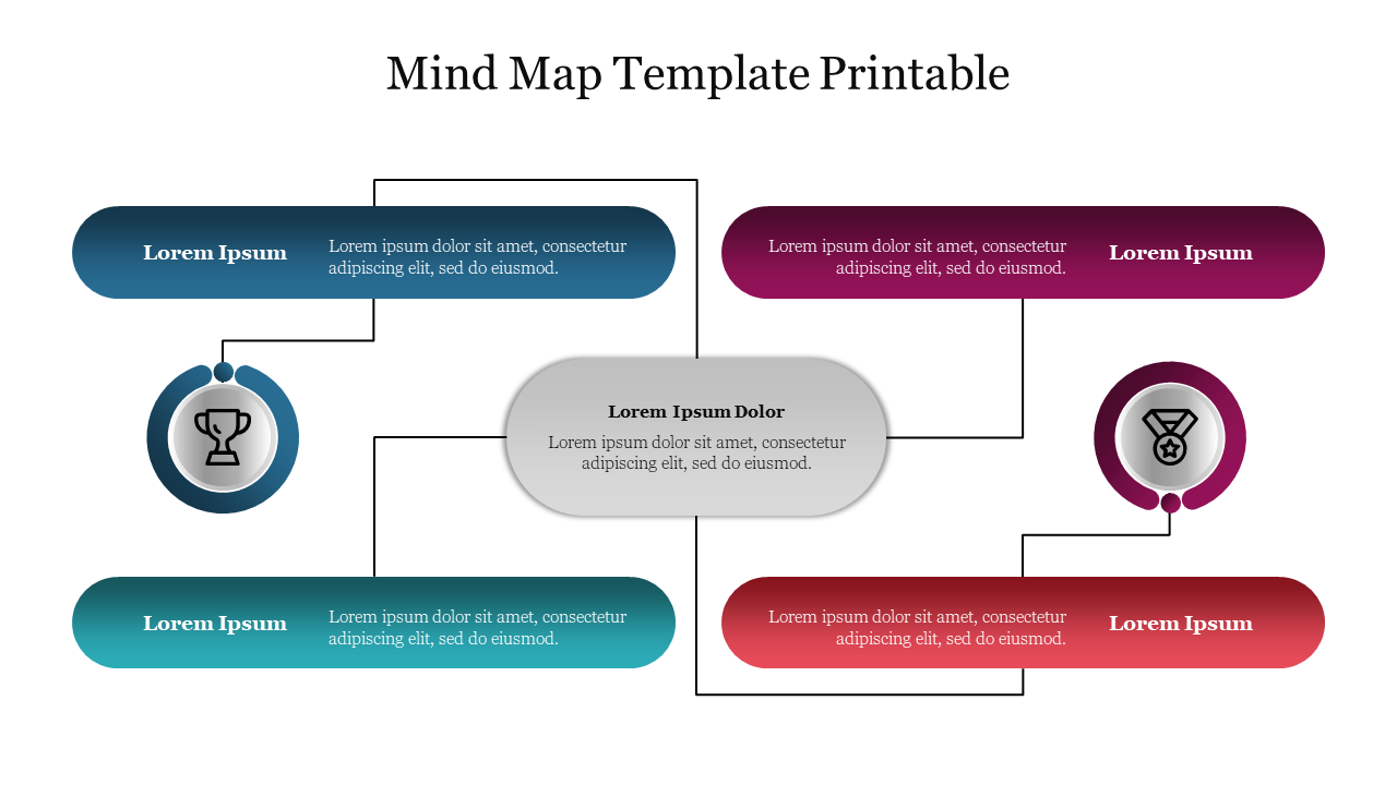 Mind map template with interconnected text boxes in blue, maroon, and red hues branching from a central gray box.