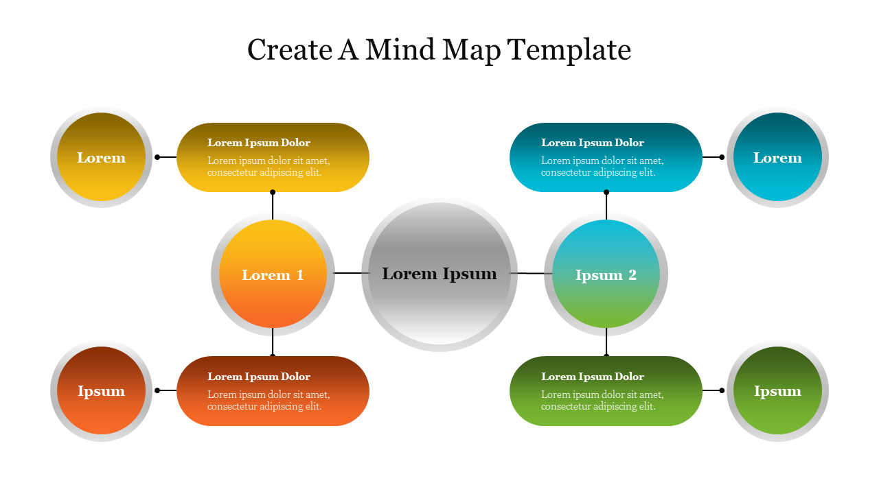 Create a mind map template with circular nodes in gradient colors connected to a central node with various captions.