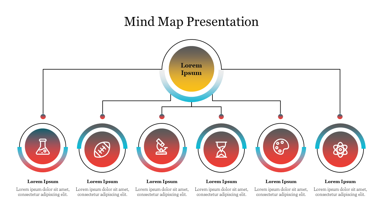 Mind map PPT template with a central node connected to six other nodes representing different concepts with icons and text.