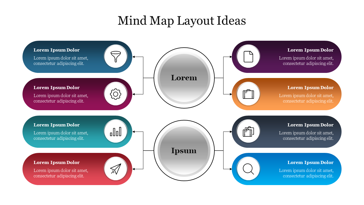 Mind map template with two gray circles at the center, branching out to eight colorful boxes with icons and labels.