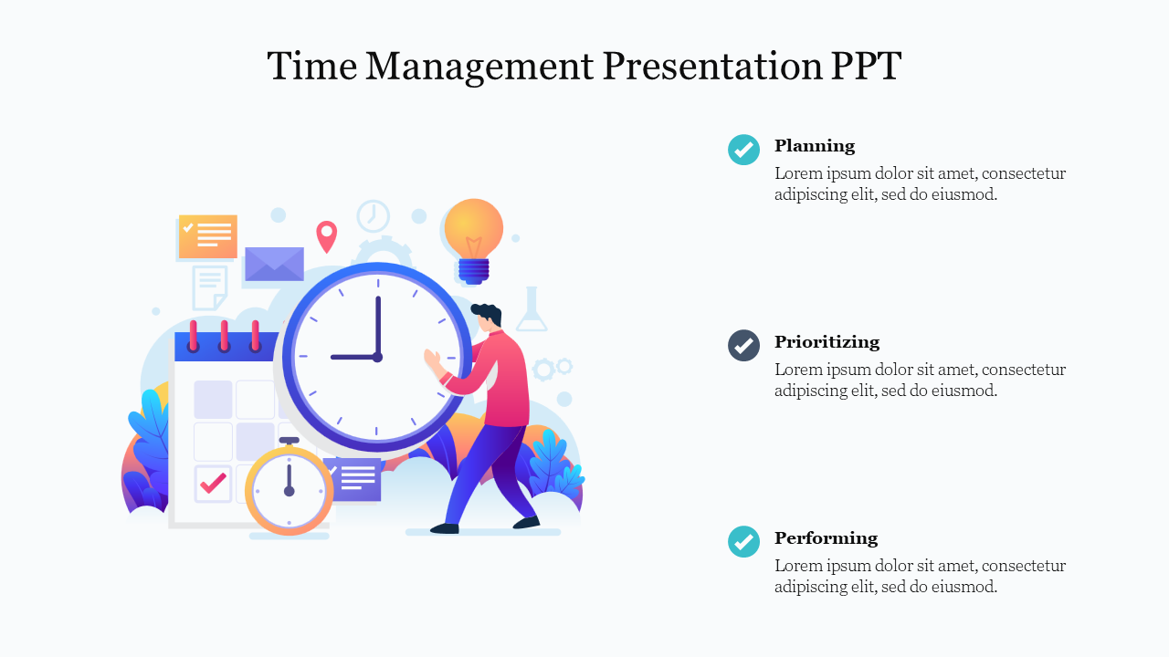 Time management slide with large clock, calendar, and task icons illustrating planning, prioritizing, and performing.