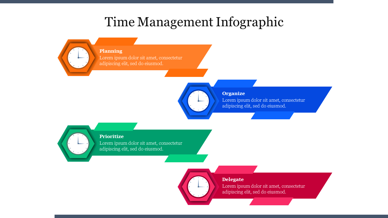 Time infographic with four colored banners, each featuring a clock icon and text, arranged diagonally.