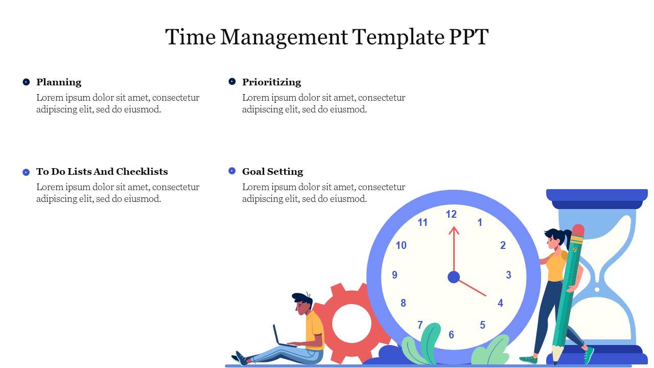 A time management template featuring four sections each segment has icons and illustrations with  placeholder text.