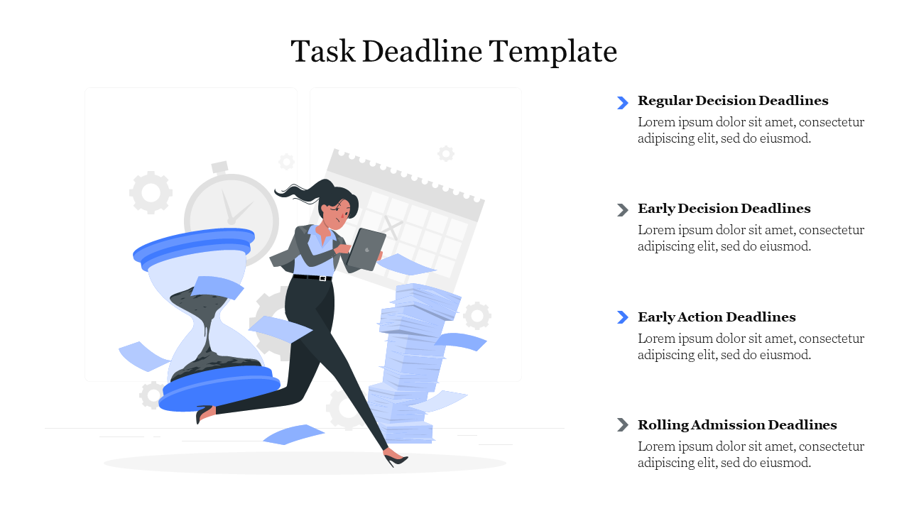 Illustration of a woman with documents and hourglass in blue hues, with different task deadlines listed on the right.