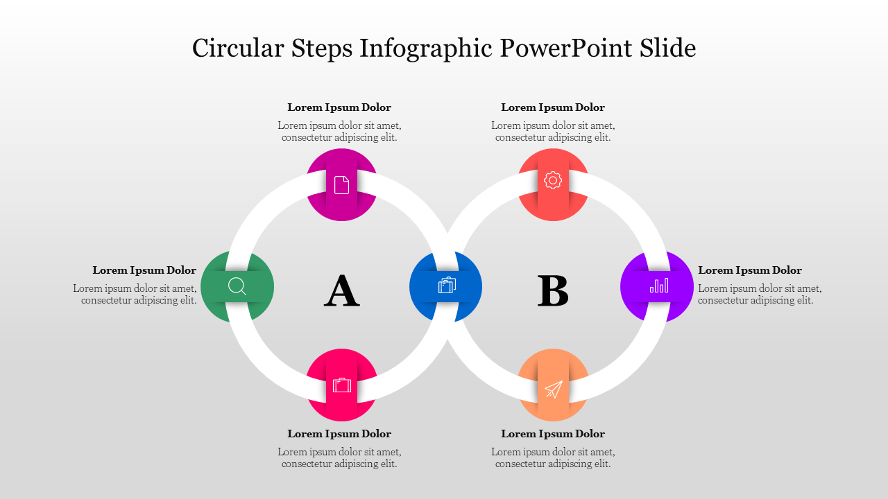 Two circular infographic labeled A and B, featuring icons in pink, green, purple, orange, violet, yellow, and blue.