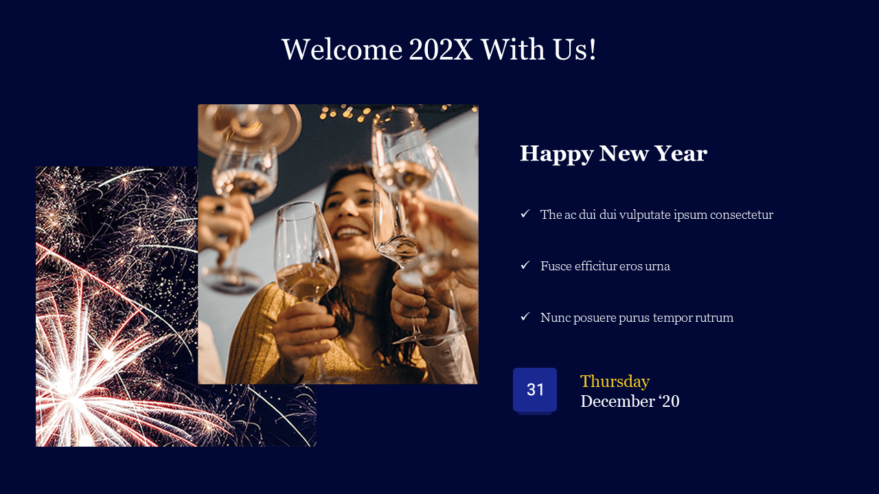 New Year celebration PowerPoint template with fireworks and friends toasting with glasses on a dark blue backdrop.