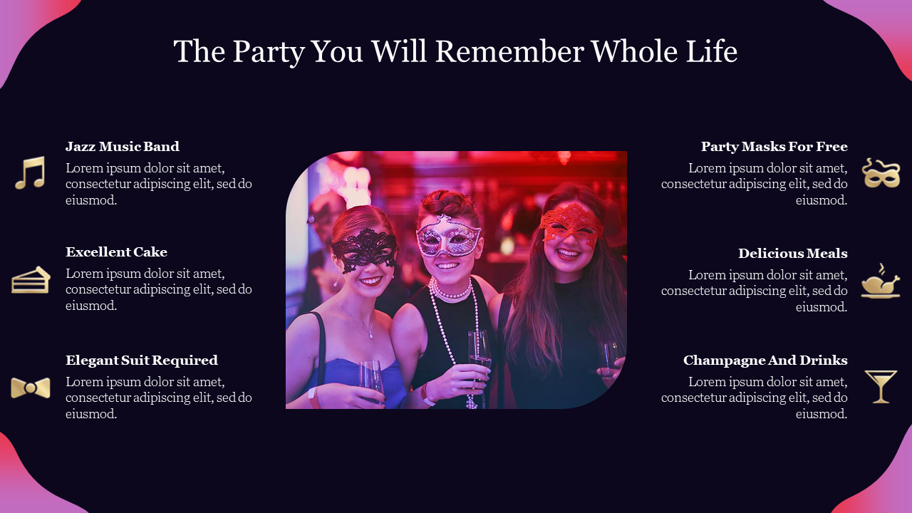 Party-themed slide featuring three women in masks, with text descriptions of the party including food, music, and drinks.