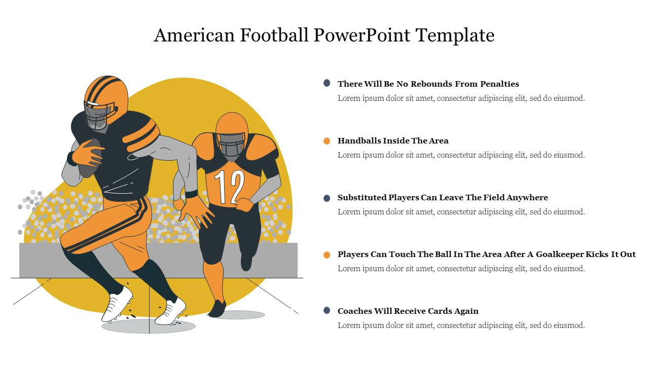 Illustrated American football players running on a stadium background, with a list of game rules on the right.