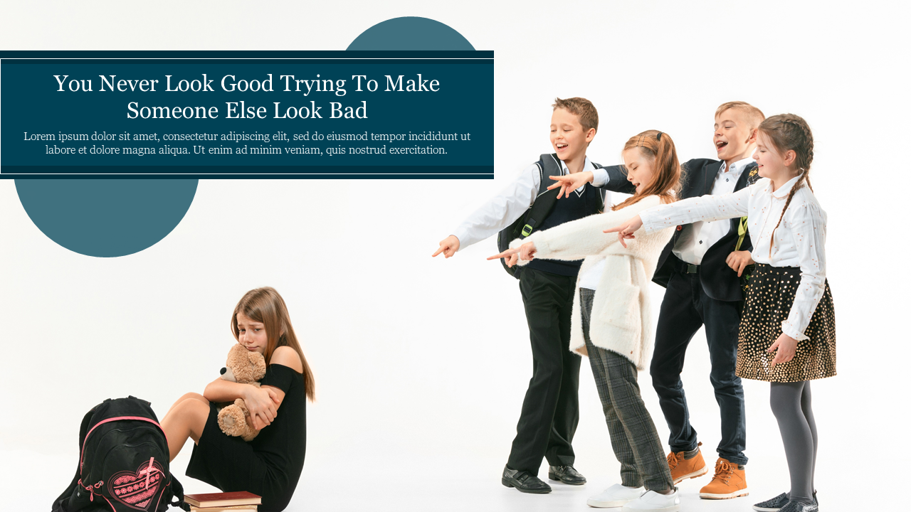 A group of children pointing and laughing at a classmate sitting alone, conveying a message with placeholder text.