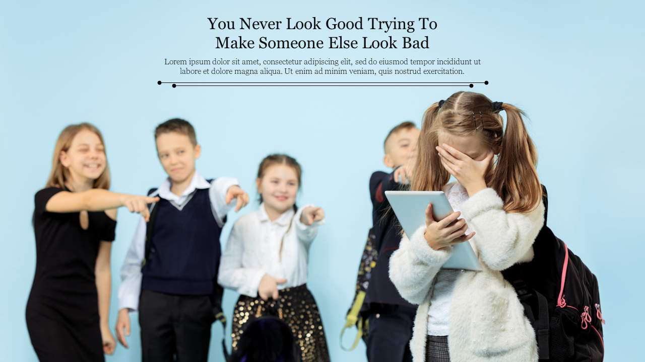 A group of children laughing and pointing at a girl covering her face with an iPad, illustrating bullying behavior.