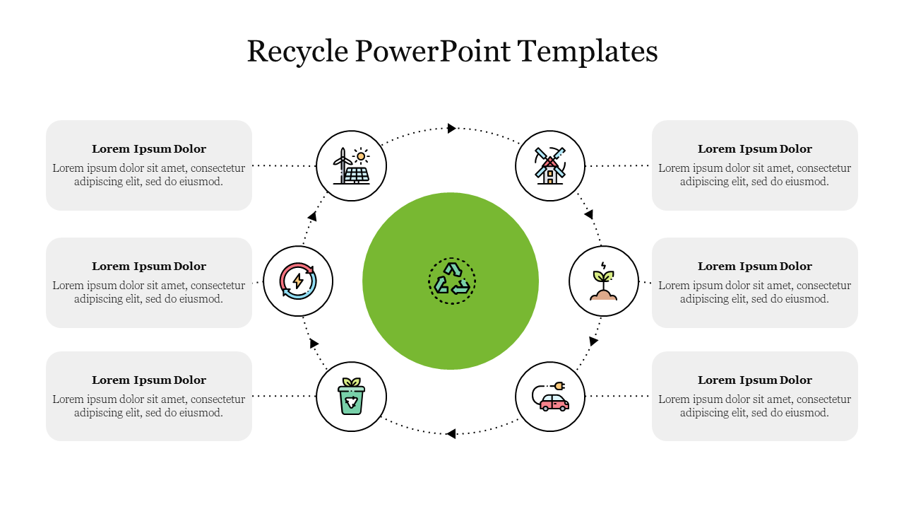 Central green circle with recycling icon, surrounded six icons in circular layout, connected to text boxes on both sides.