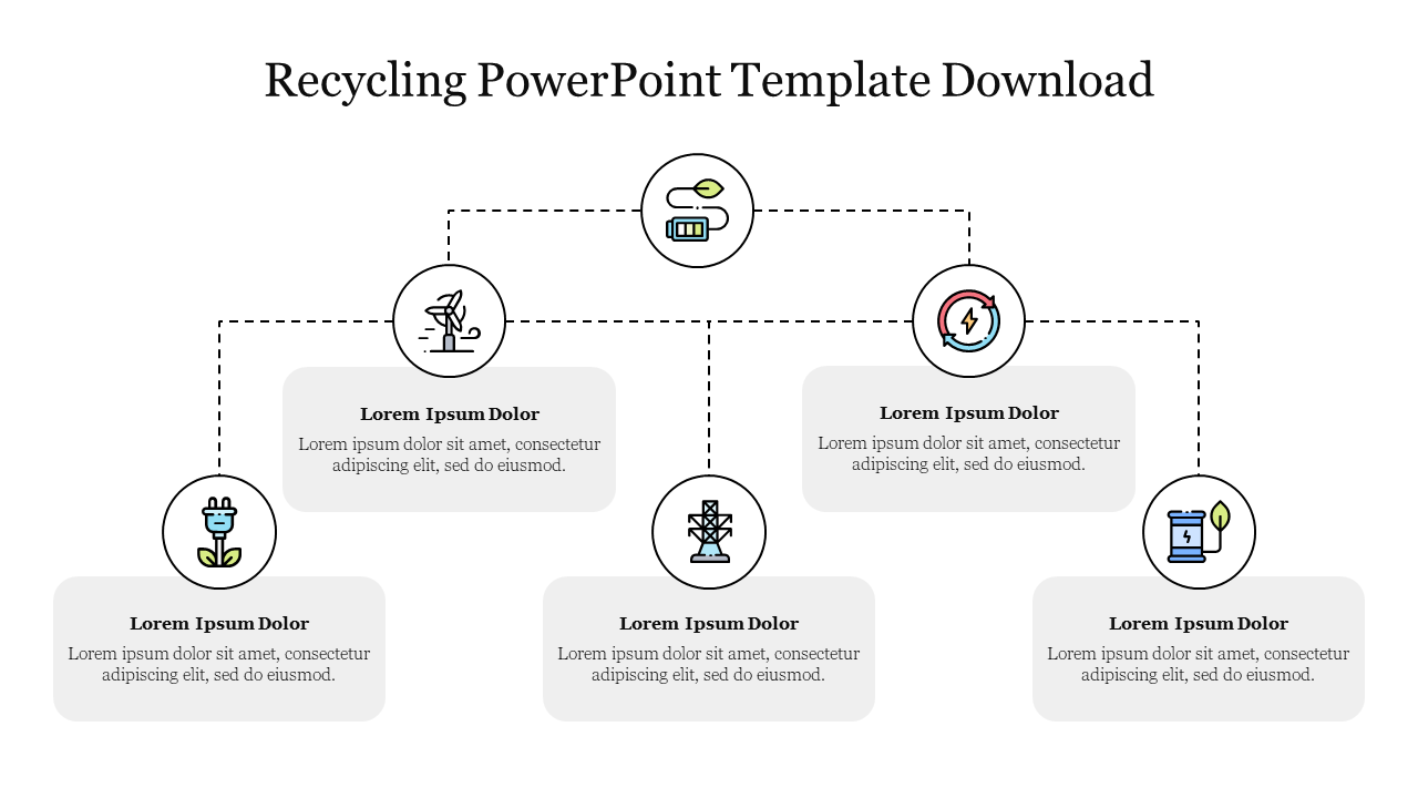 Circular icons with recycling themes connected by dotted lines, leading to five gray text boxes below.