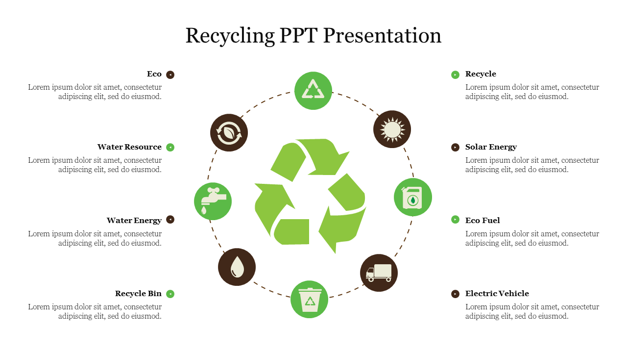 Circular infographic slide showing recycling elements with color coded icons and placeholder text.