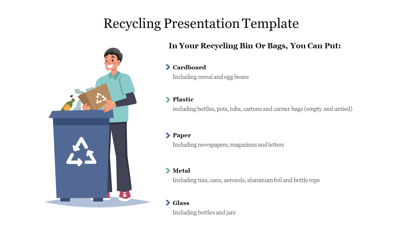 Recycling-themed slide with a character placing a box in a recycling bin, next to a list of accepted items. 